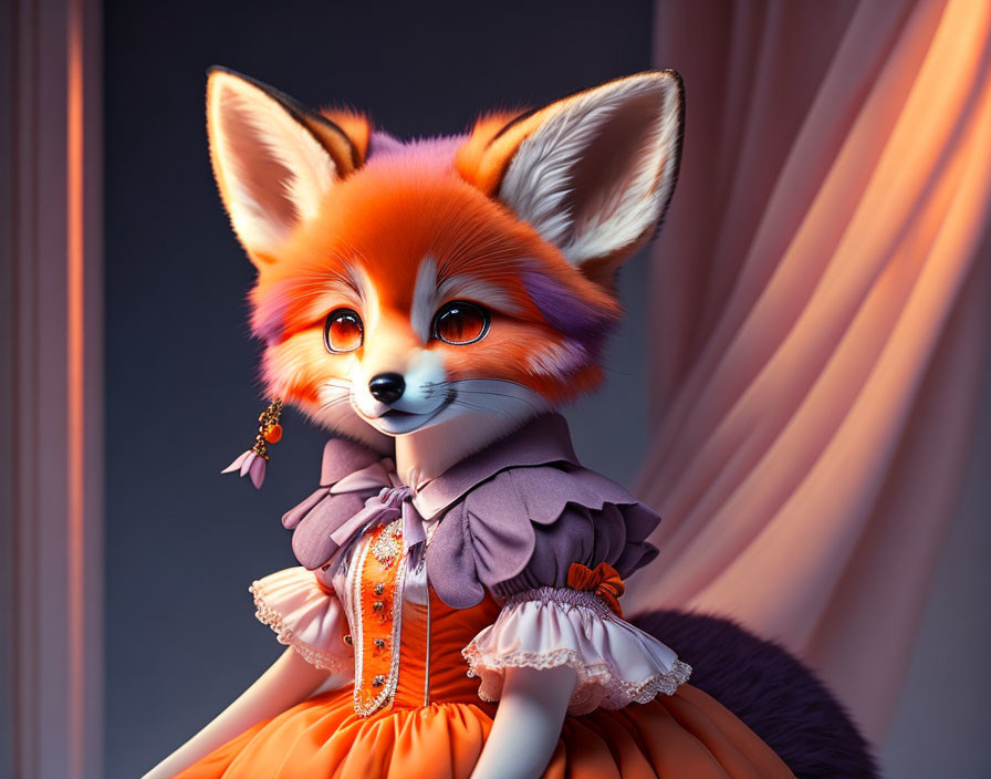 Anthropomorphic fox character in orange and purple dress with detailed fur and expressive eyes.