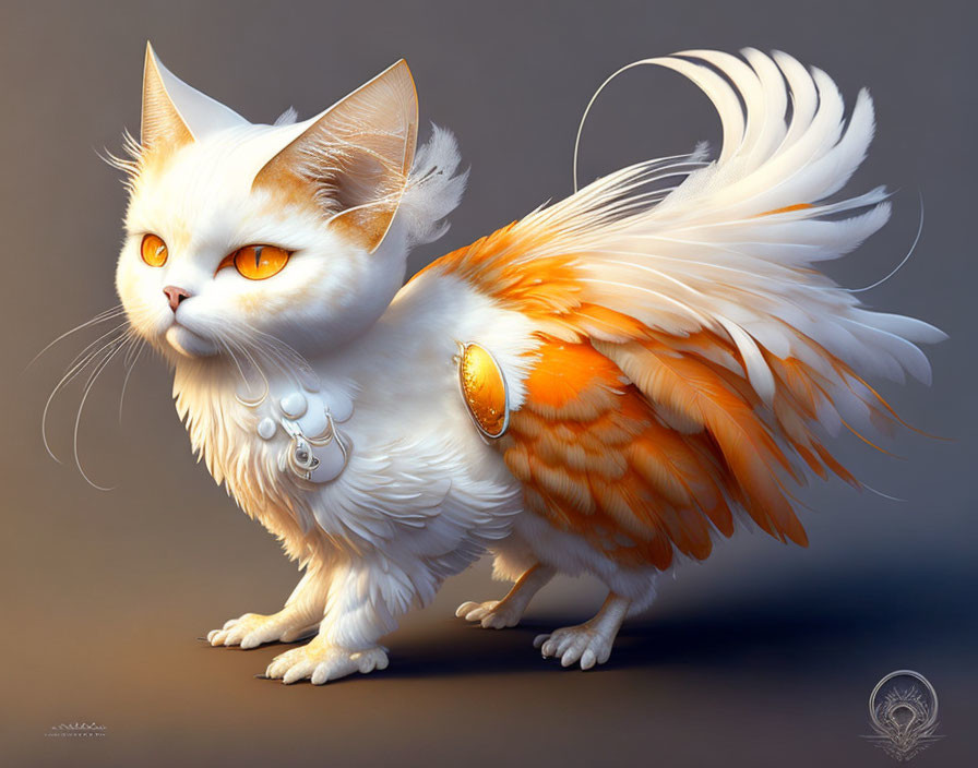 White and orange cat fantasy art with plumed tail, feathered wings, amber eyes, jewelry,