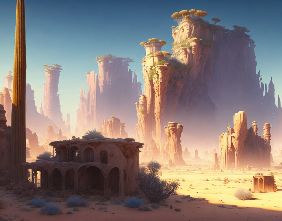 Fantastical desert landscape with towering rock formations and lone weathered building