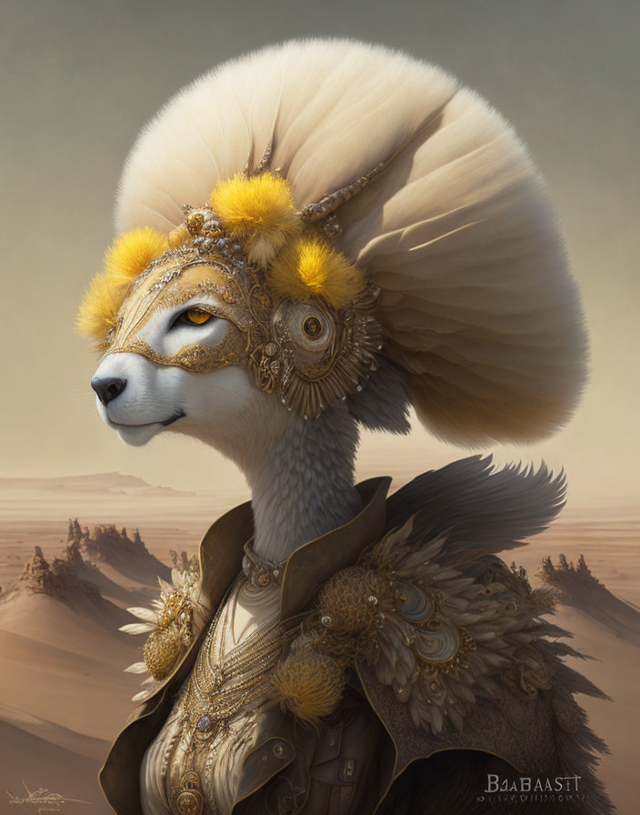 Majestic anthropomorphic creature with fennec fox-like head in desert setting