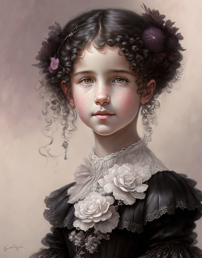 Young girl portrait with curly hair and floral-adorned vintage black dress.