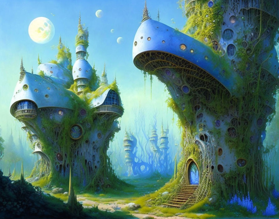 Fantasy landscape with oversized mushroom-shaped buildings under moonlit sky