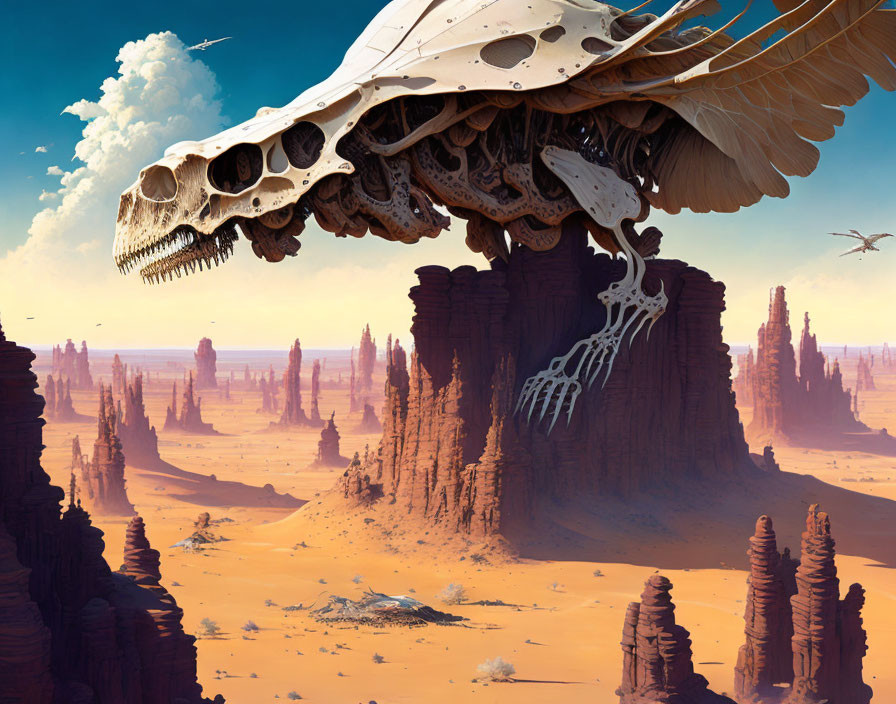 Fantastical landscape with giant skull and bone structure above desert.