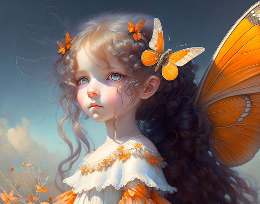 Young girl with curly dark hair surrounded by butterflies in orange and white dress