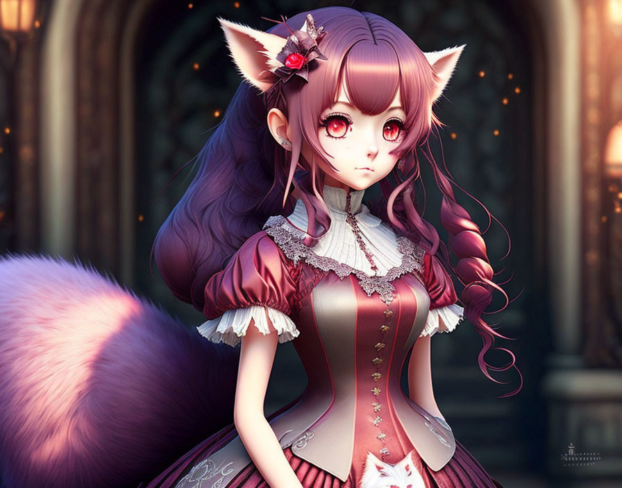 Anime-style character with fox ears, red eyes, curly hair, Victorian dress, fluffy tail, orn