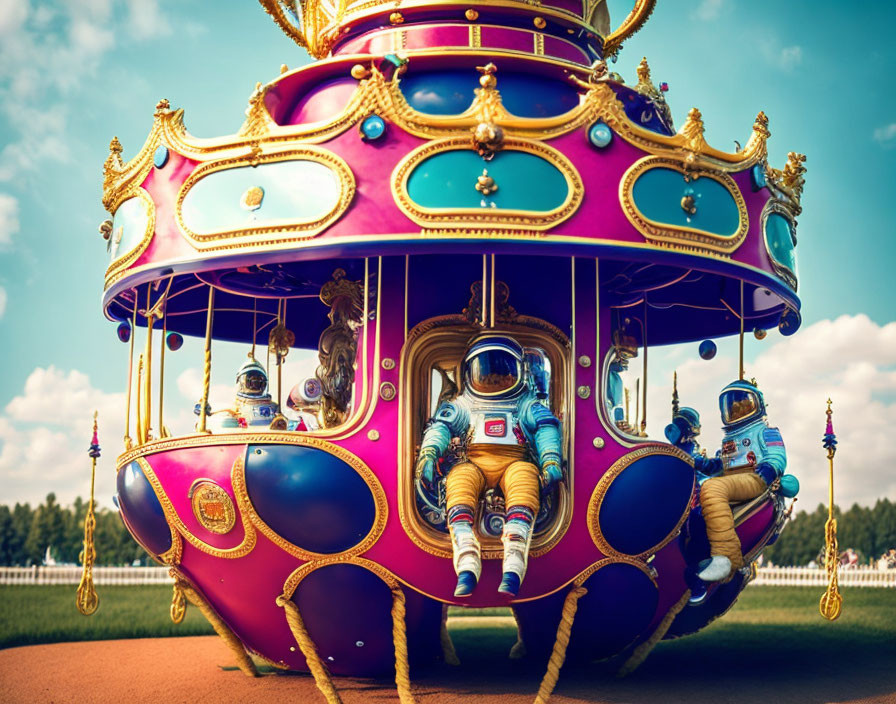 Astronaut-themed carousel under clear blue sky