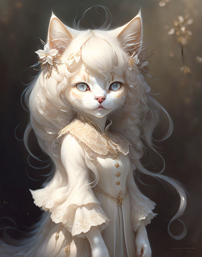 White Cat in Vintage Dress with Floral Hair Accessories against Soft Background