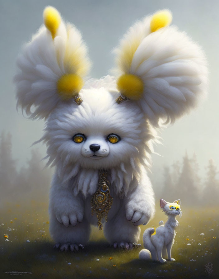 Fluffy White Creature with Yellow-Tipped Ears in Misty Meadow