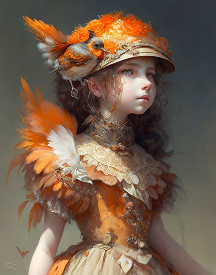 Young girl portrait with blue eyes in ornate orange and white feathers and bird hat.