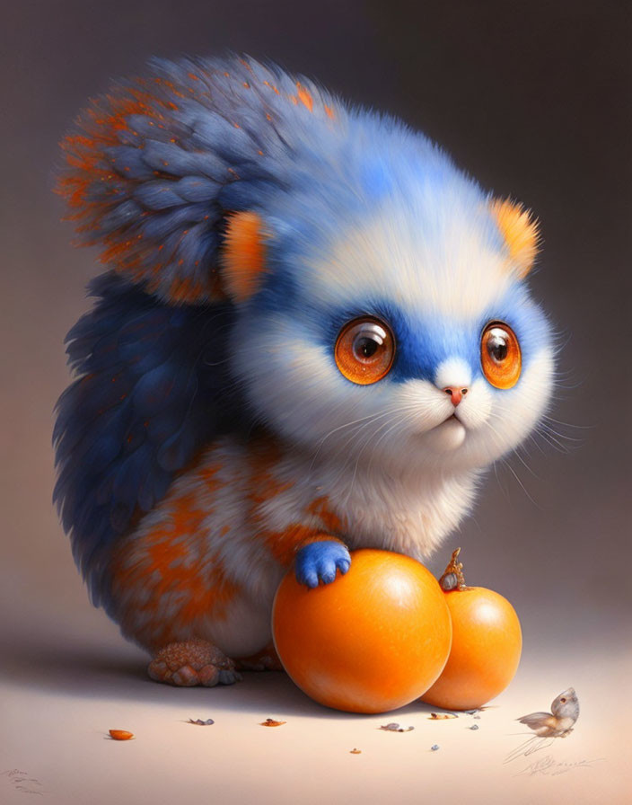 Whimsical creature with kitten body, blue and orange wings, holding fruits, with tiny bird.