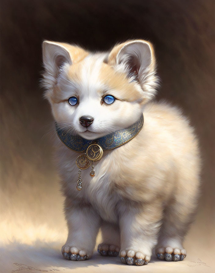 Fluffy cream-colored fantasy kitten with blue eyes and ornate collar