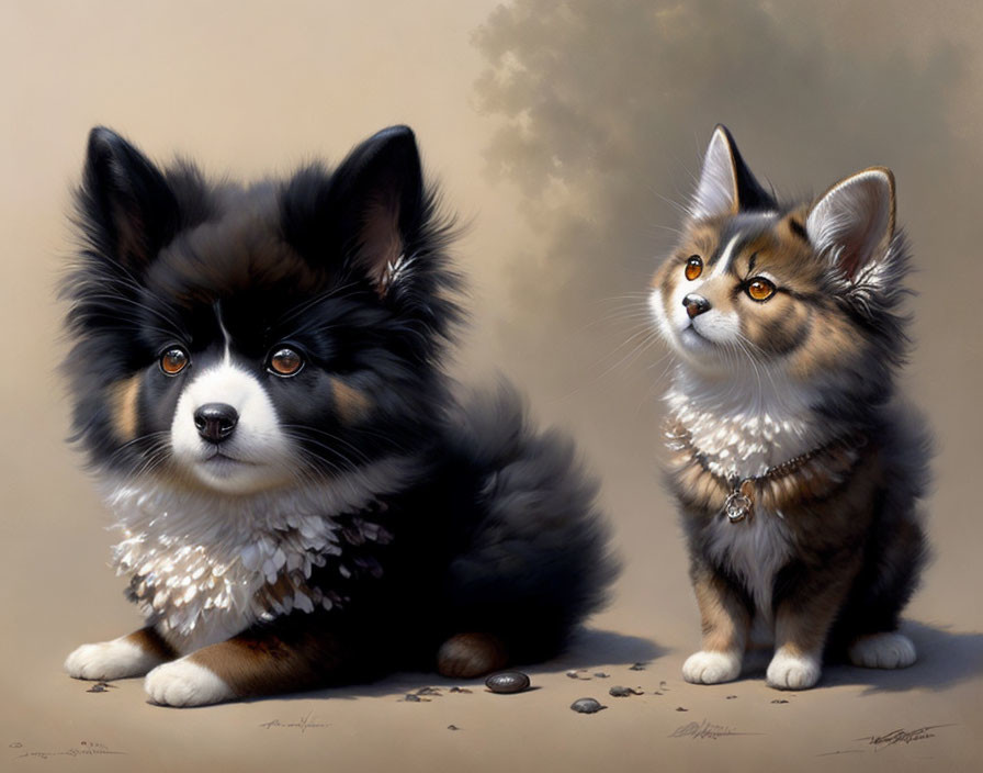 Realistic Illustration of Fluffy Dog and Cat Together