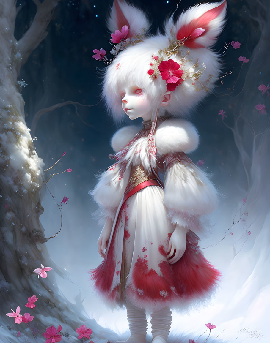 Ethereal humanoid figure with fox-like features in snowy landscape