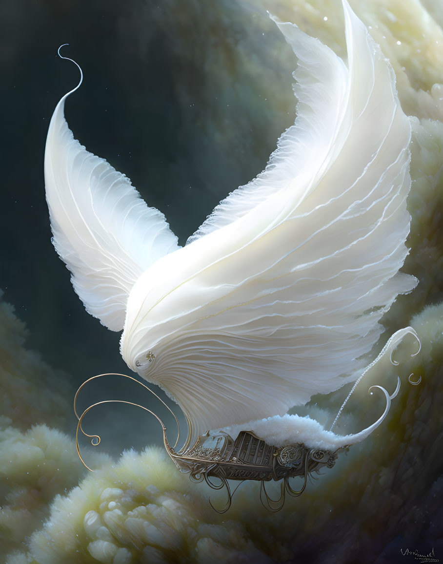 Ethereal bird-like creature with ornate structure in underwater scene