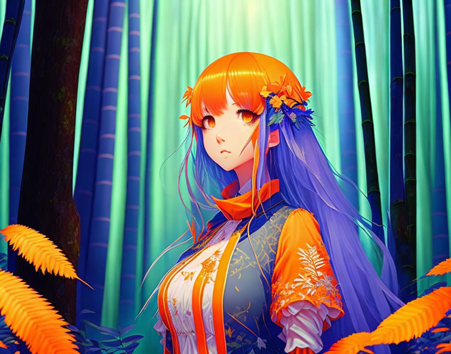 Illustrated girl in orange hair and blue attire in vibrant bamboo forest