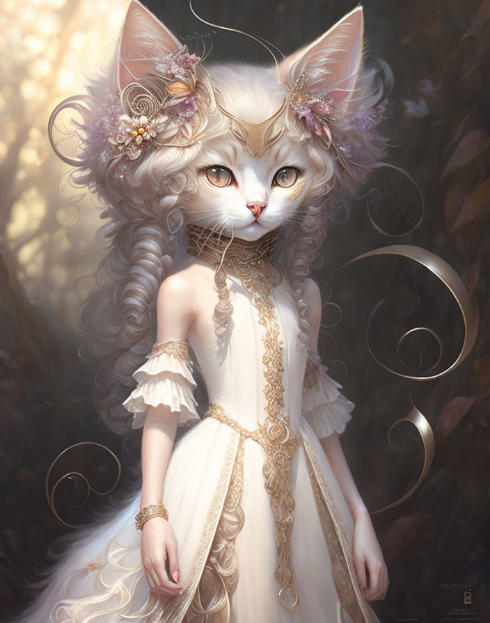 Illustrated humanoid feline in white dress with gold jewelry in forest setting