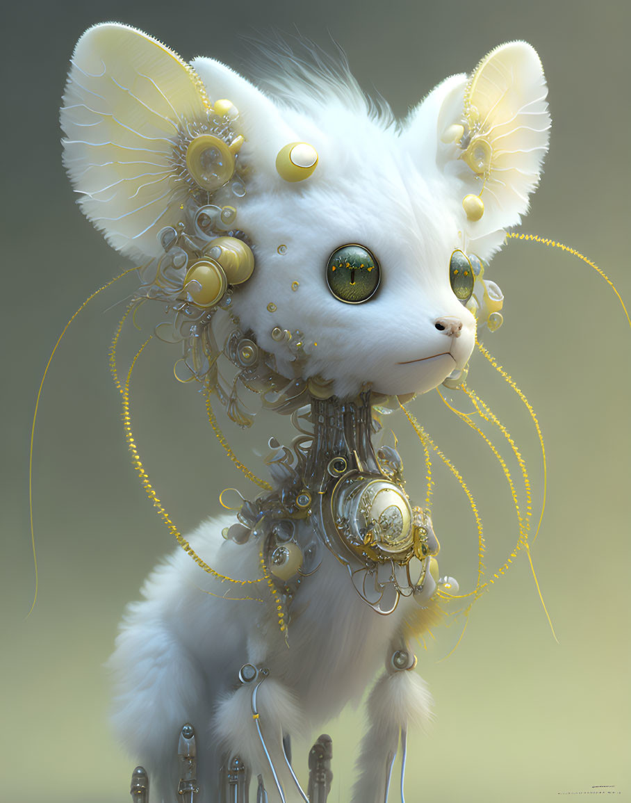 Steampunk-inspired white cat with mechanical enhancements and luminous green eyes