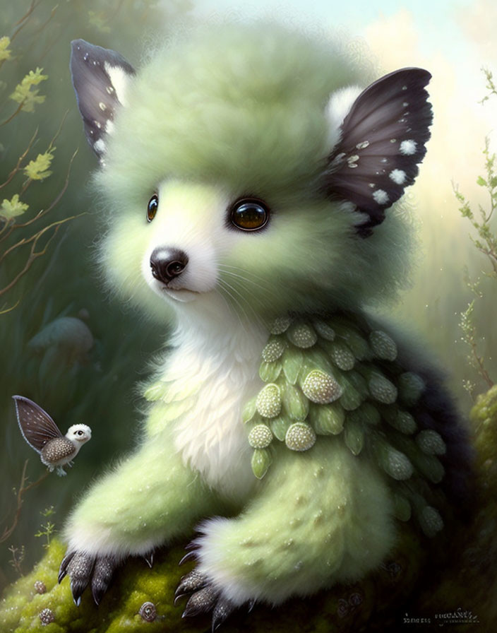 Fantastical fox-like creature with bat ears, green fur, leaf scales, in fern-filled scene