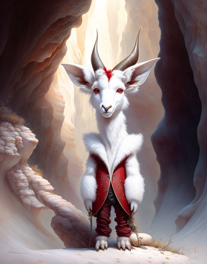 Majestic anthropomorphic goat with white fur and red jacket