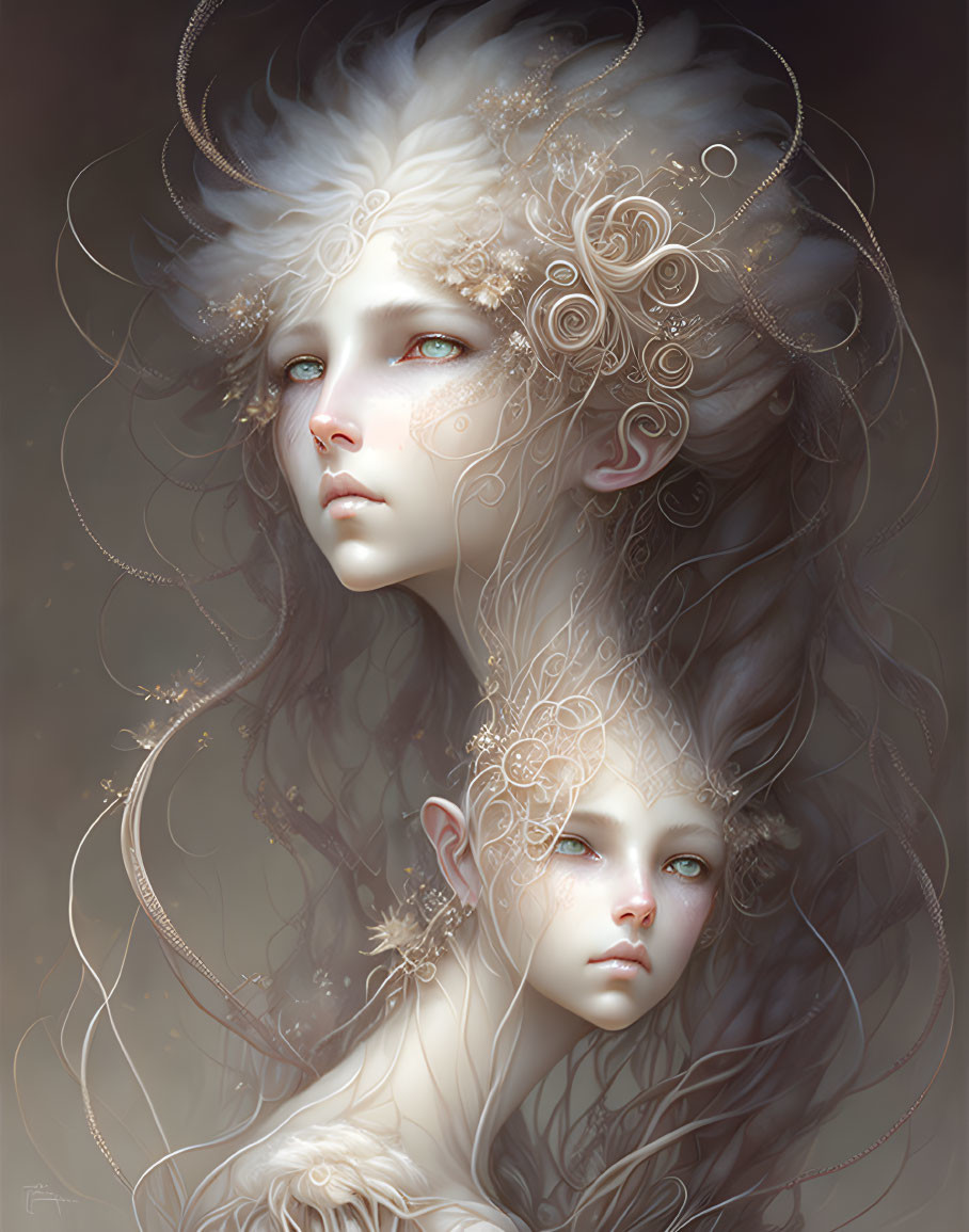 Ethereal figures with golden filigree in digital painting