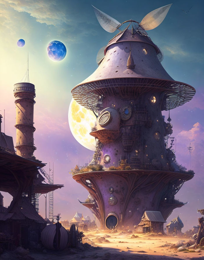 Fantasy Mushroom House with Windmill Hat and Moons in Purple Sky