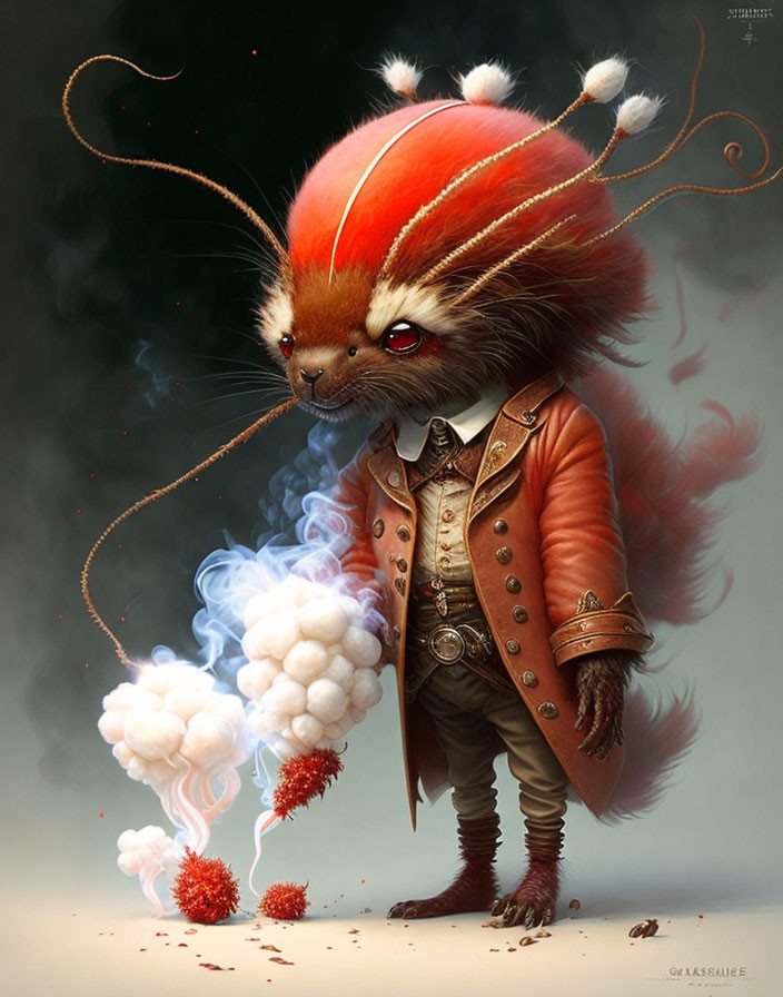 Red steampunk squirrel in blue smoke on grey backdrop