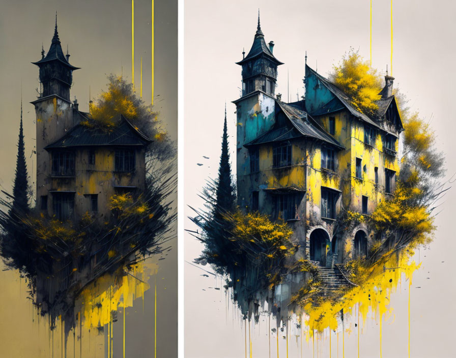 Surreal floating Victorian house with yellow accents and pine trees