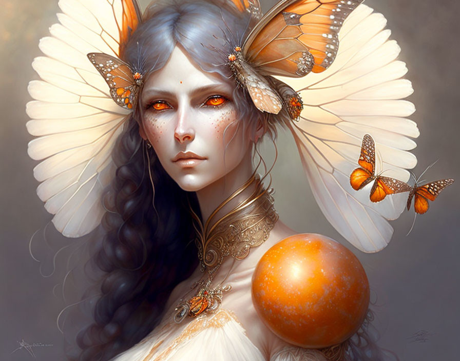 Pale-skinned woman with monochromatic hair and butterfly-themed headpiece.