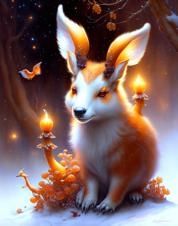 Mystical creature with large ears in starlit snowy scene