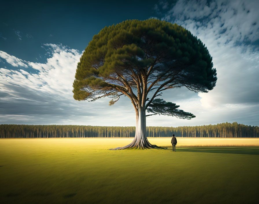 Person standing under large tree in sunlit field with distant forest.