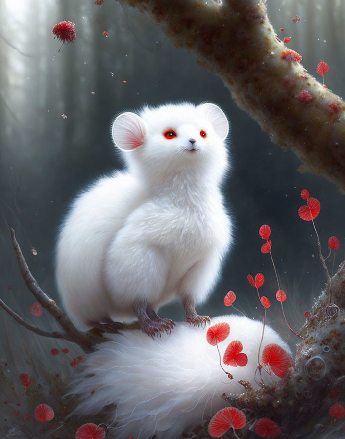 Fluffy white creature with red eyes in mystical forest scene