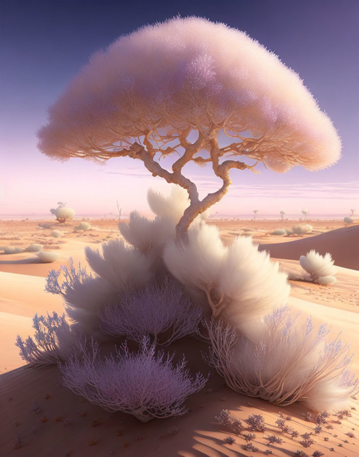 Whimsical tree with pink fluffy canopy in desert landscape