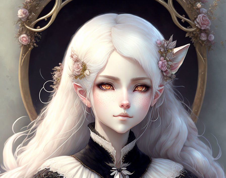 Fantasy character with pale skin, white hair, and golden eyes in dark setting