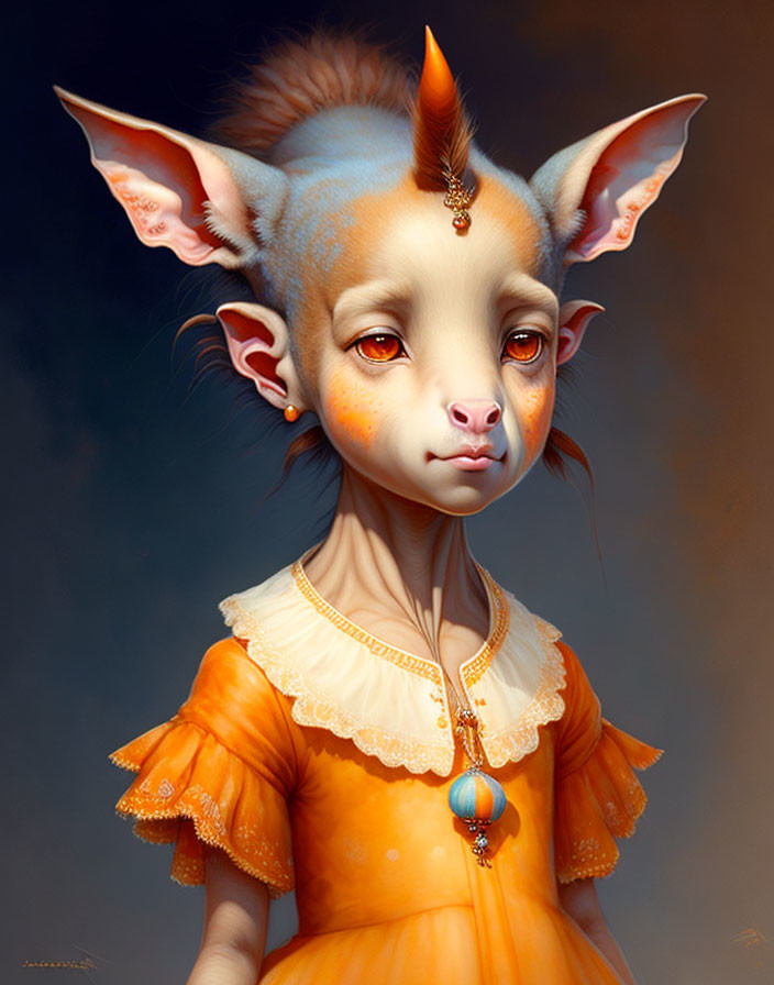 Digital artwork: humanoid creature with large pointed ears, orange hair, small horn, jewelry, yellow-orange