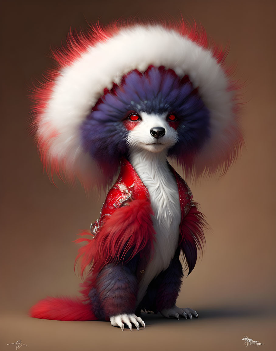 Red and White Panda-Like Creature with Bushy Mane and Ornate Jacket