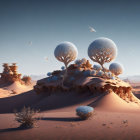 Surreal desert landscape with dunes and stylized trees