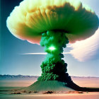 Expansive green-hued mushroom cloud in desert landscape