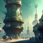 Futuristic cityscape with whimsical buildings, flying vehicles, and sunlit street