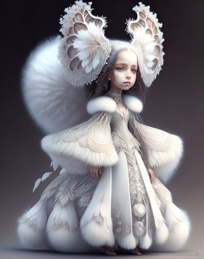 Surreal digital art: Pale figure in white feathered attire & intricate headdress