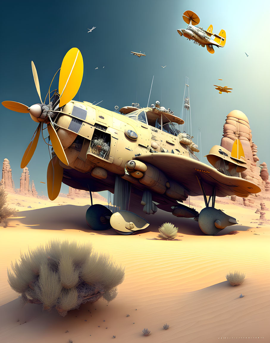 Large propeller futuristic aircraft in desert landscape with flying counterparts