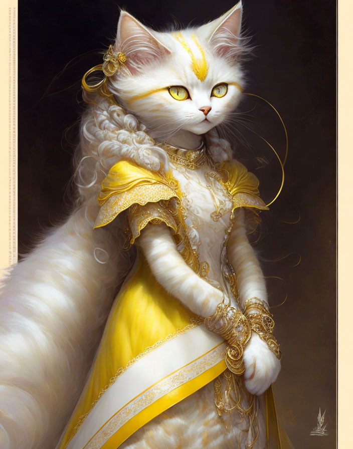 Anthropomorphic white cat in yellow dress with gold embroidery and jewelry