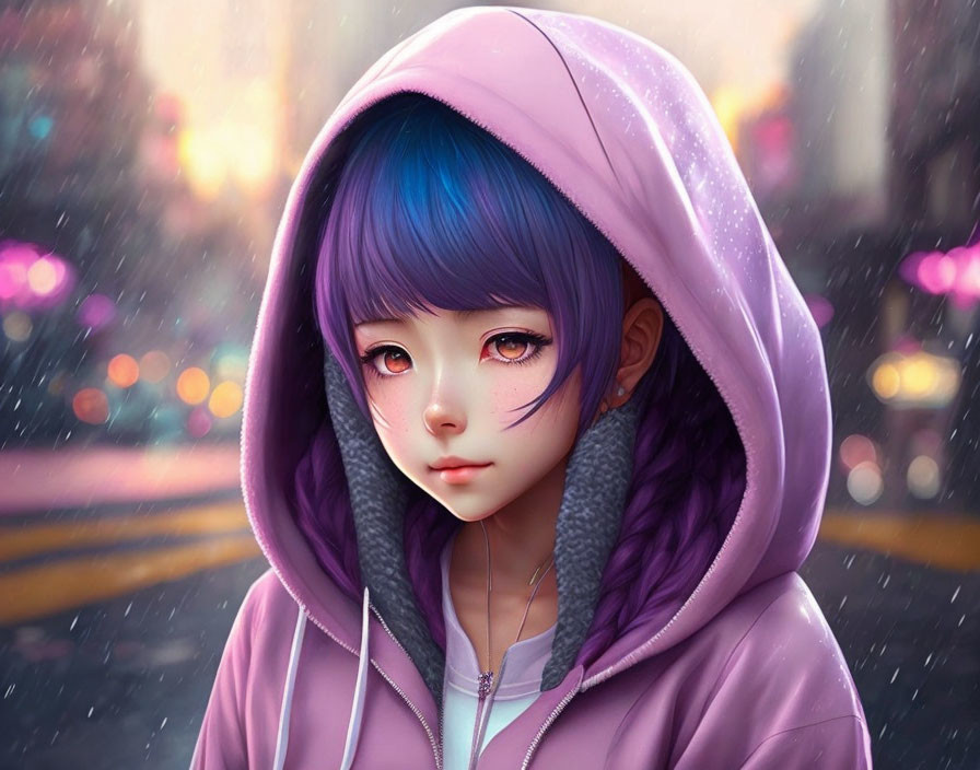 Girl with Large Eyes and Purple Hair in Rainy Cityscape