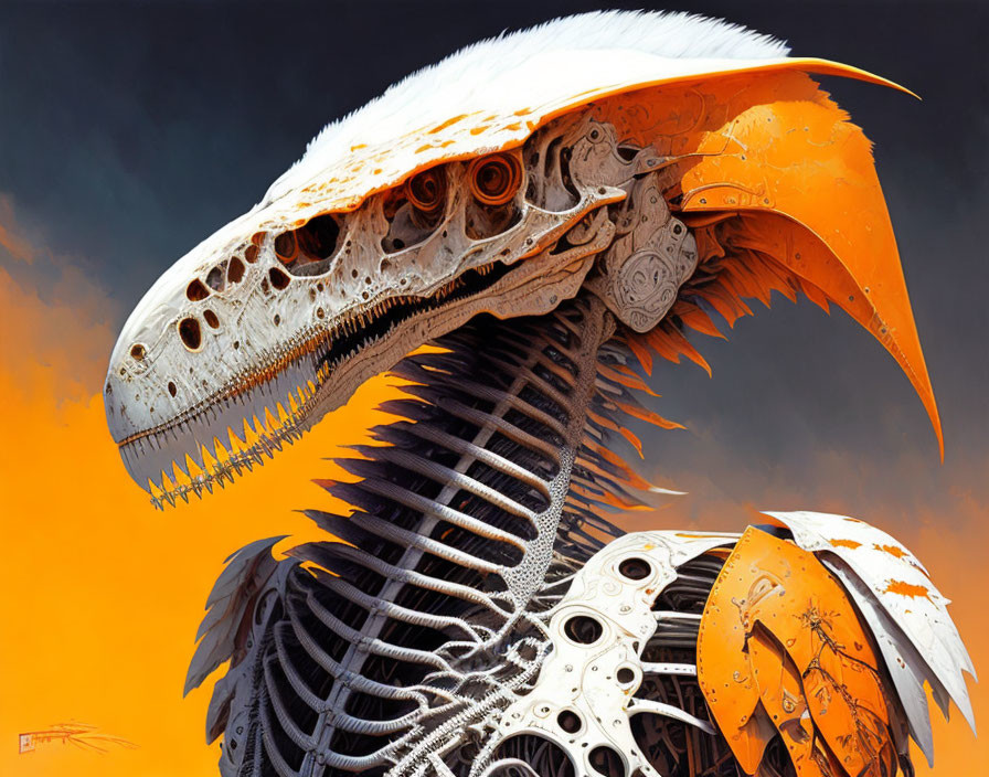 Detailed Mechanical Dragon Skeleton with Orange Highlights on Amber Sky