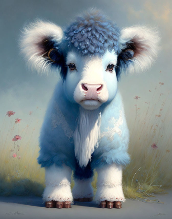 Whimsical painting of young calf with oversized fluffy ears in blue and white coat