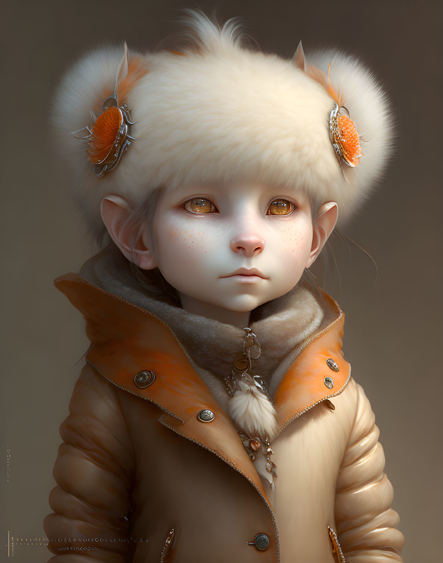 Fantastical character with elfin ears in orange jacket and furry headphones