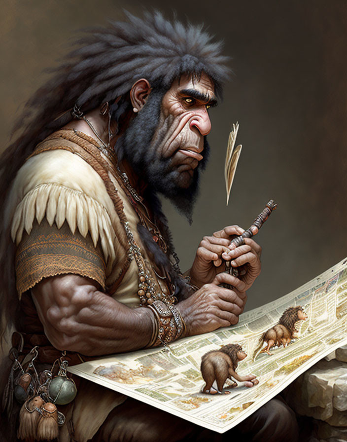 Neanderthal man studying bone tool with feathers and hides.