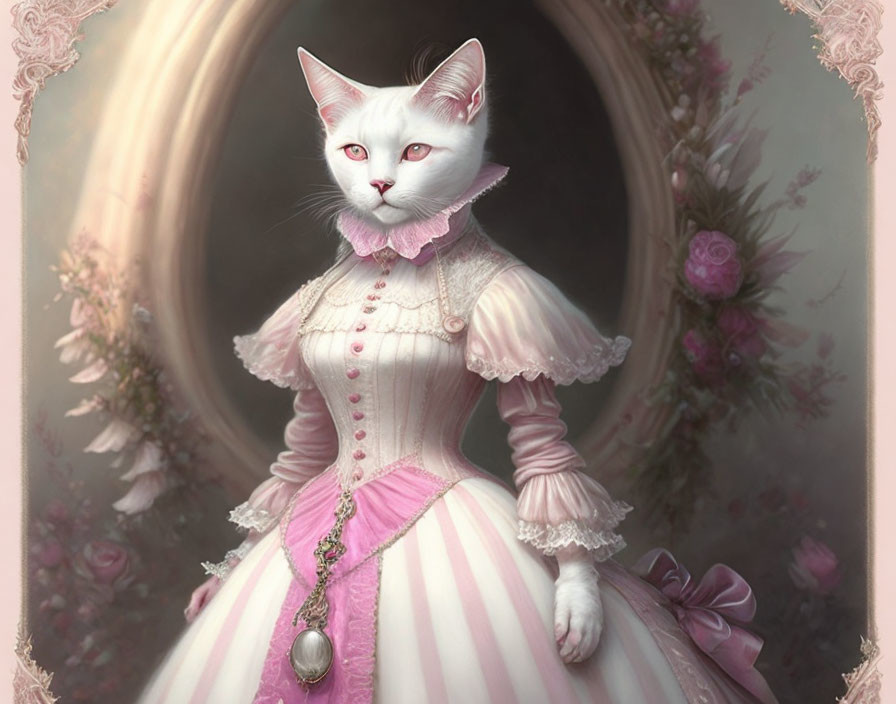 White Cat in Victorian Dress with Pocket Watch Mirror Scene