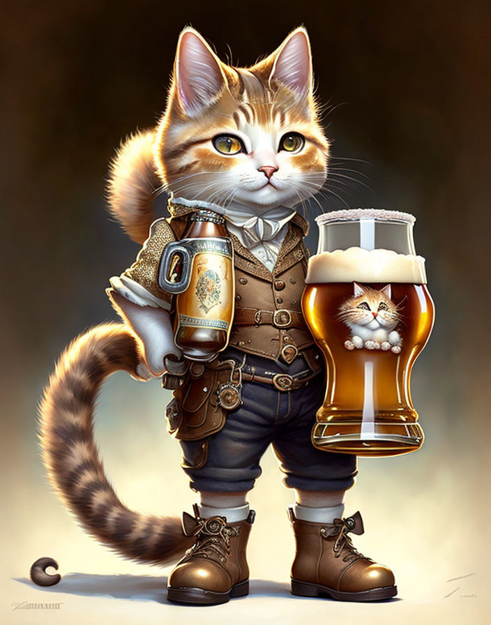 Anthropomorphic cat in Bavarian outfit with self-portrait beer stein