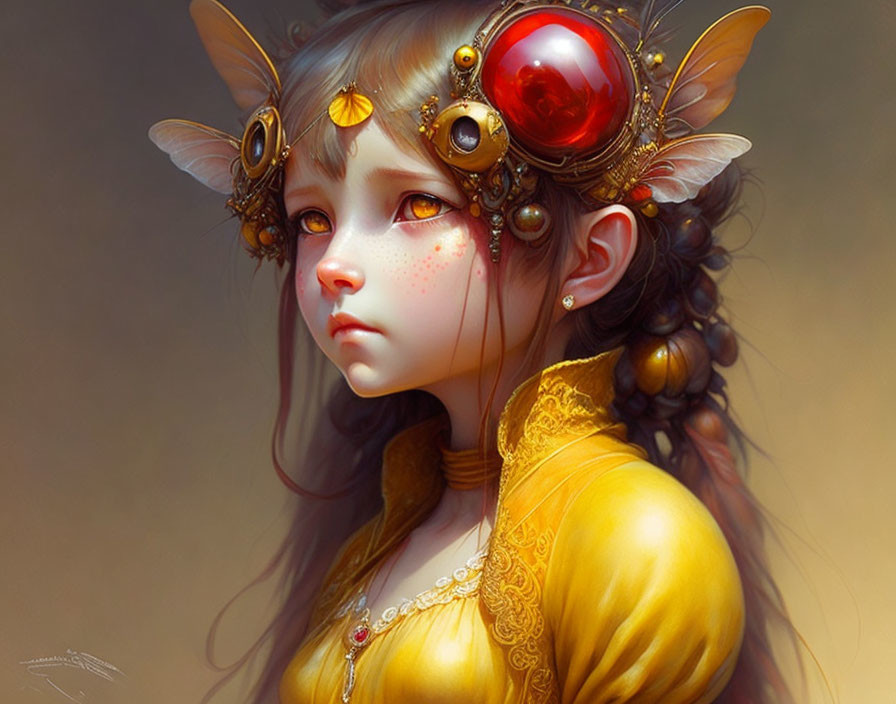 Fantasy portrait: Girl with elfin features, amber eyes, whimsical accessories