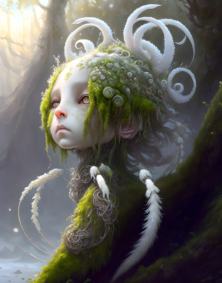 Fantasy creature with moss-like hair, spiral horns, white markings in misty woodland